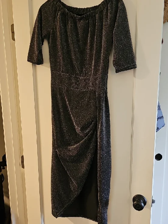 Cupshe Black Off-Shoulder Sparkle Midi Dress with Side Slit - Picture 3 of 4